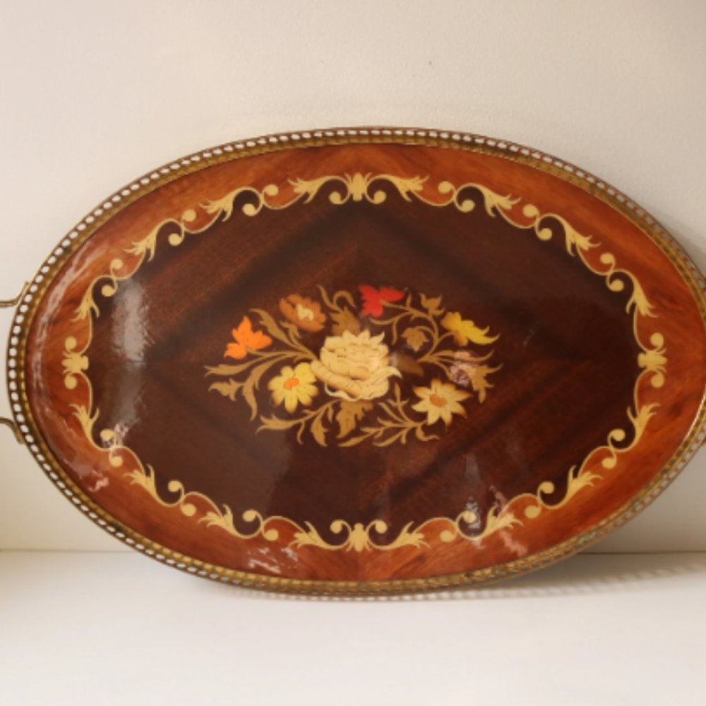 Vintage 70s Italian Wood Marquetry Tray with Brass Edge, Inlaid Wood